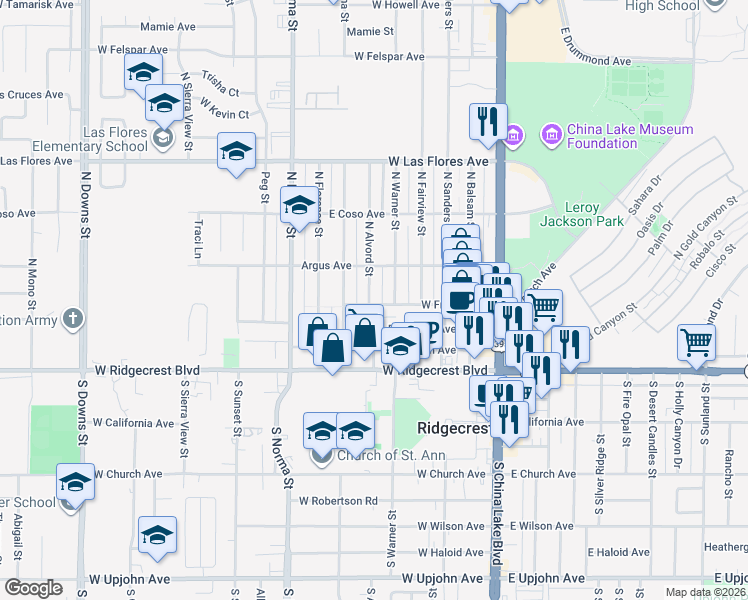 map of restaurants, bars, coffee shops, grocery stores, and more near 224 North Alvord Street in Ridgecrest