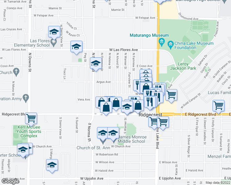 map of restaurants, bars, coffee shops, grocery stores, and more near 225 North Alvord Street in Ridgecrest