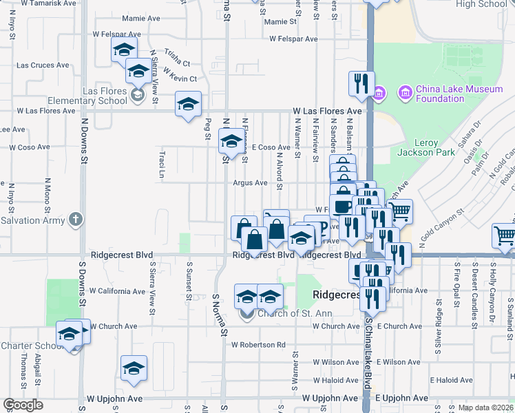 map of restaurants, bars, coffee shops, grocery stores, and more near 224 North Helena Street in Ridgecrest