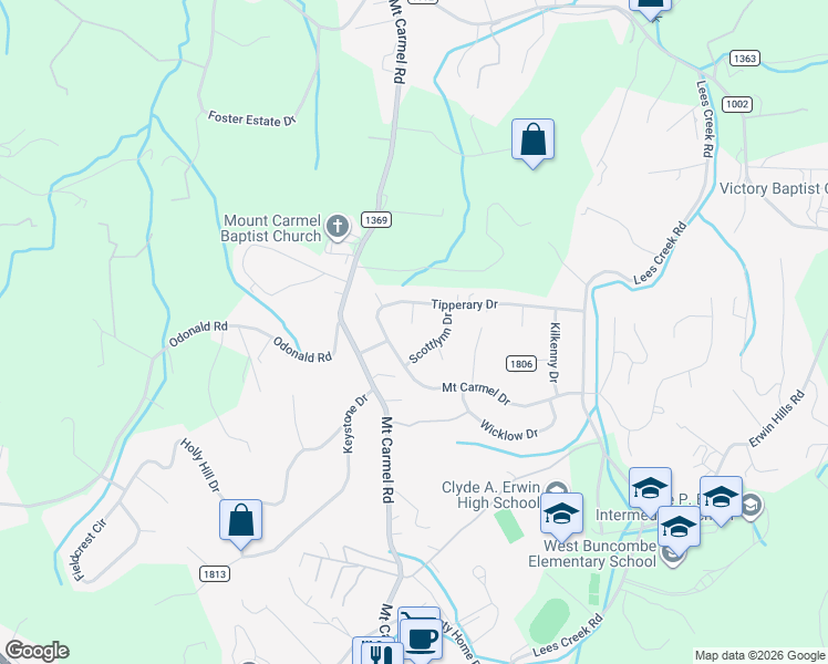 map of restaurants, bars, coffee shops, grocery stores, and more near 16 Melissa Court in Asheville