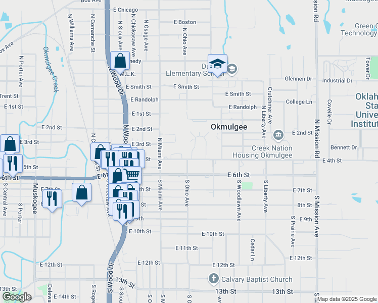 map of restaurants, bars, coffee shops, grocery stores, and more near 1332 Taylor Drive in Okmulgee