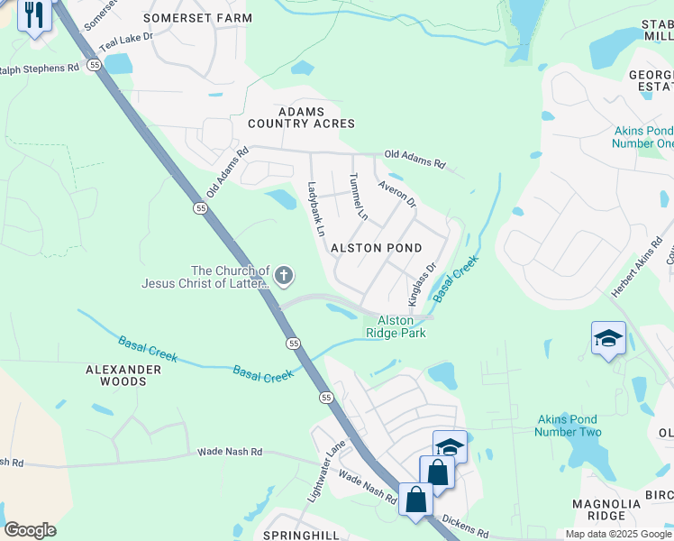 map of restaurants, bars, coffee shops, grocery stores, and more near 2434 Girvan Drive in Holly Springs