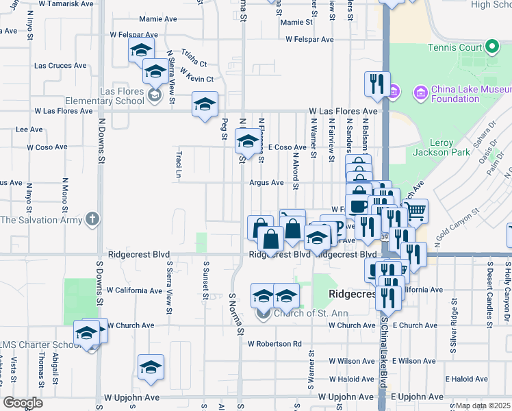 map of restaurants, bars, coffee shops, grocery stores, and more near 237 North Florence Street in Ridgecrest