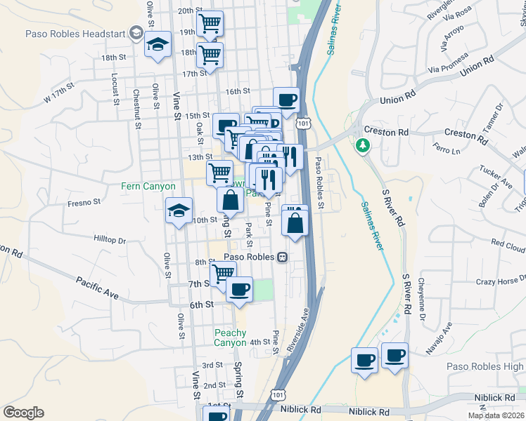 map of restaurants, bars, coffee shops, grocery stores, and more near 1021 Pine St in Paso Robles