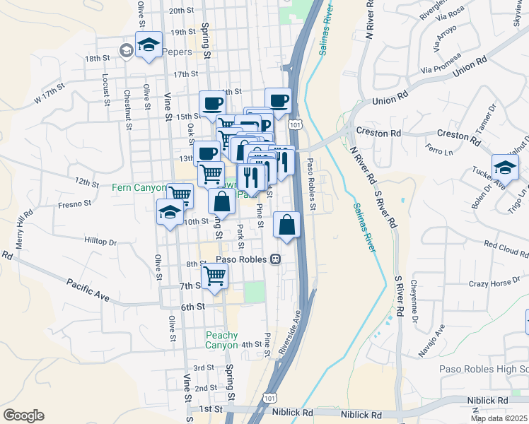map of restaurants, bars, coffee shops, grocery stores, and more near 1020 Pine St in Paso Robles