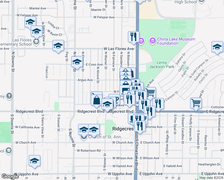 map of restaurants, bars, coffee shops, grocery stores, and more near 225 North Fairview Street in Ridgecrest