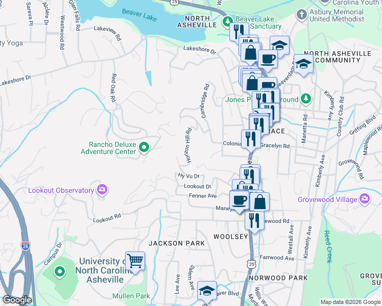 map of restaurants, bars, coffee shops, grocery stores, and more near 96 Horizon Hill Road in Asheville