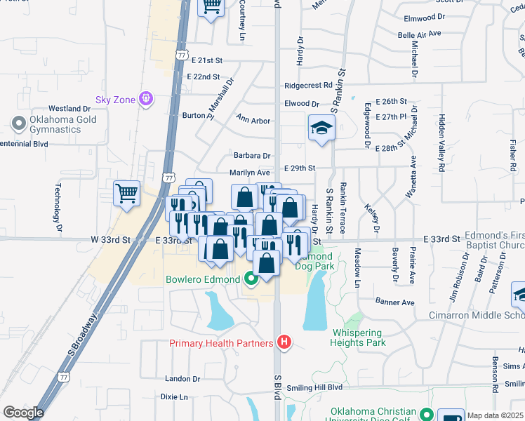 map of restaurants, bars, coffee shops, grocery stores, and more near 164 Clay Drive in Edmond