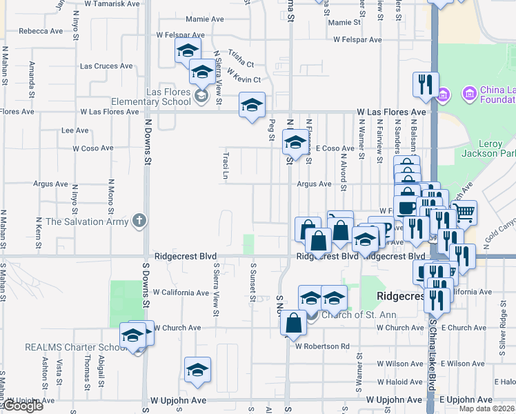 map of restaurants, bars, coffee shops, grocery stores, and more near 234 Sierra Vista Street in Ridgecrest