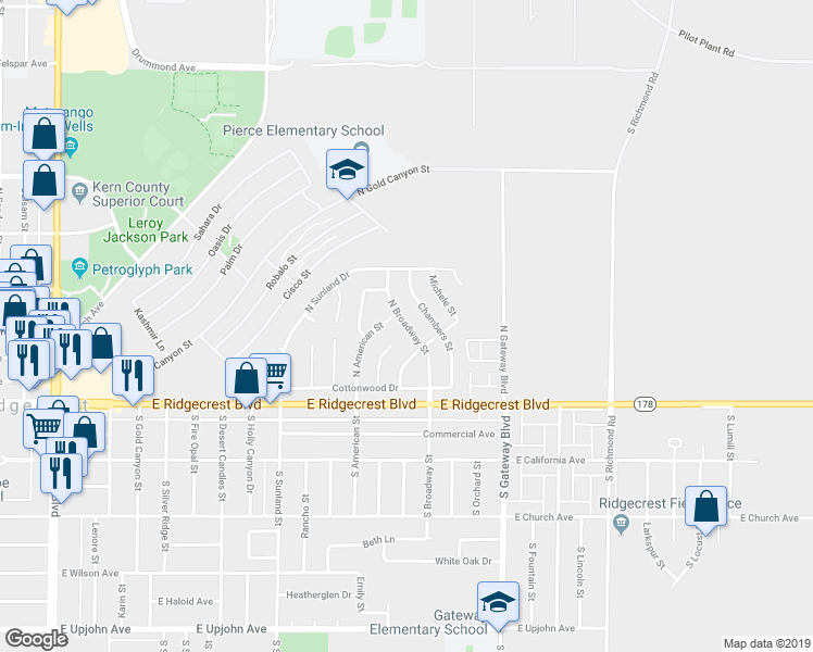 map of restaurants, bars, coffee shops, grocery stores, and more near 183 North Broadway Street in Ridgecrest