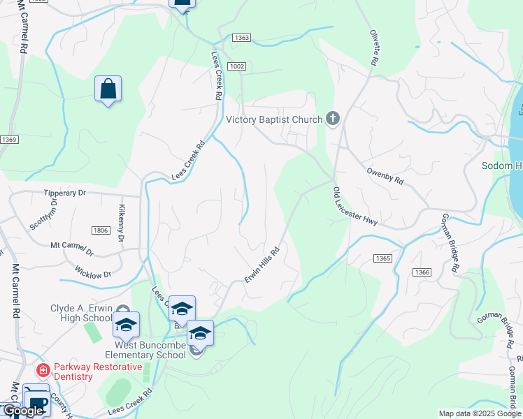 map of restaurants, bars, coffee shops, grocery stores, and more near 36 North Willow Brook Drive in Asheville
