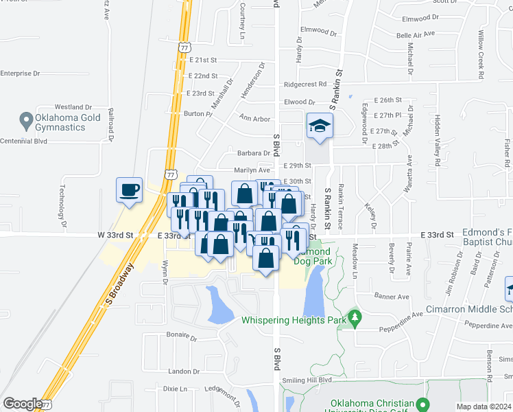 map of restaurants, bars, coffee shops, grocery stores, and more near 150 Clay Drive in Edmond