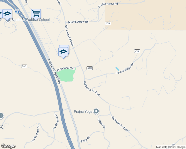 map of restaurants, bars, coffee shops, grocery stores, and more near 9 Ravens Ridge Road in Santa Fe