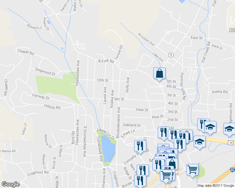 map of restaurants, bars, coffee shops, grocery stores, and more near 707 Rhododendron Avenue in Black Mountain