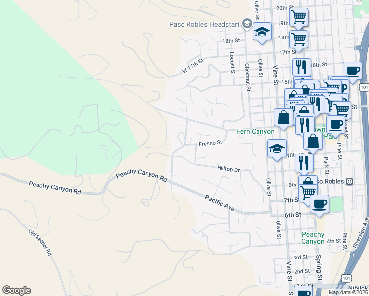 map of restaurants, bars, coffee shops, grocery stores, and more near 28 Fresno Street in Paso Robles