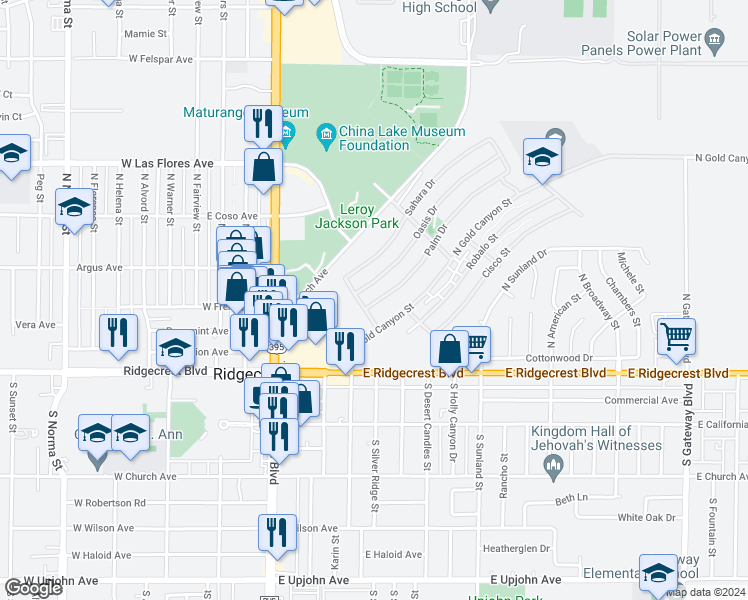 map of restaurants, bars, coffee shops, grocery stores, and more near 209 Palm Drive in Ridgecrest