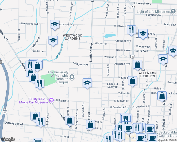 map of restaurants, bars, coffee shops, grocery stores, and more near 815 Lambuth Blvd in Jackson