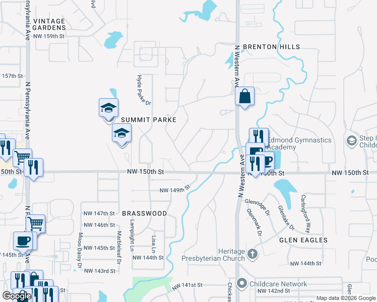 map of restaurants, bars, coffee shops, grocery stores, and more near 15208 Fairview Farm Road in Edmond