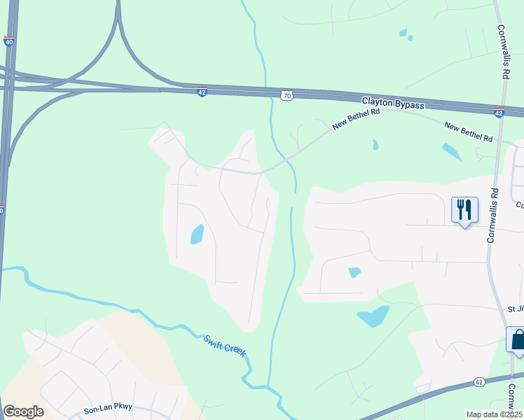 map of restaurants, bars, coffee shops, grocery stores, and more near 95 North Ringneck Place in Garner