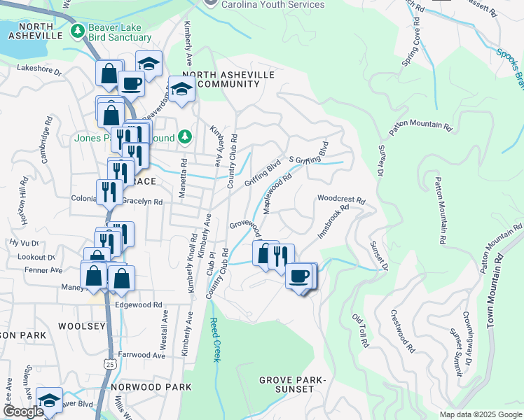 map of restaurants, bars, coffee shops, grocery stores, and more near 8 Maplewood Road in Asheville