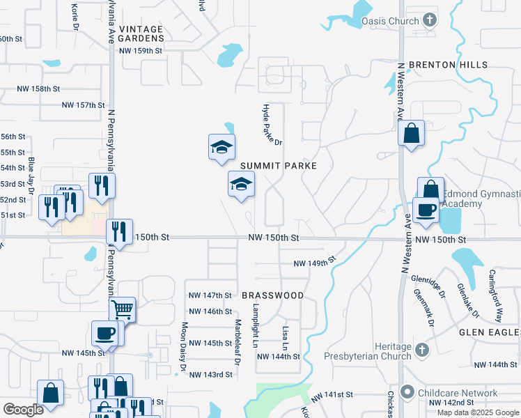 map of restaurants, bars, coffee shops, grocery stores, and more near 15201 Summit Parke Drive in Edmond