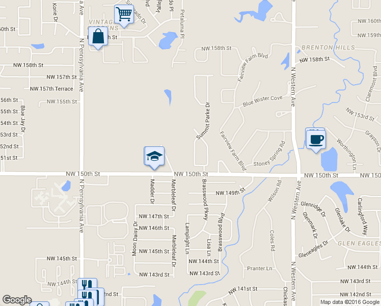 map of restaurants, bars, coffee shops, grocery stores, and more near 15201 Summit Parke Drive in Edmond