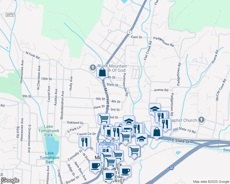 map of restaurants, bars, coffee shops, grocery stores, and more near 109 5th Street in Black Mountain