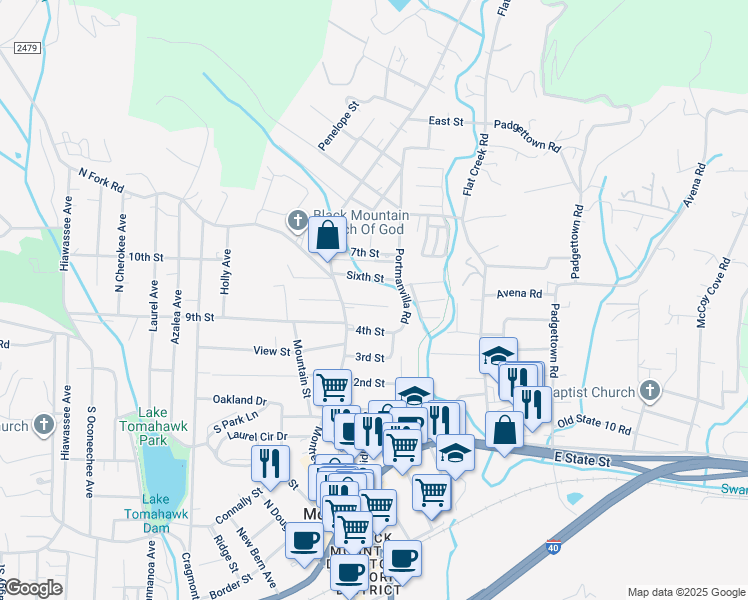 map of restaurants, bars, coffee shops, grocery stores, and more near 111 5th Street in Black Mountain