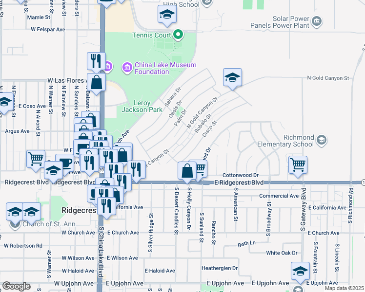 map of restaurants, bars, coffee shops, grocery stores, and more near 245 Robalo Street in Ridgecrest