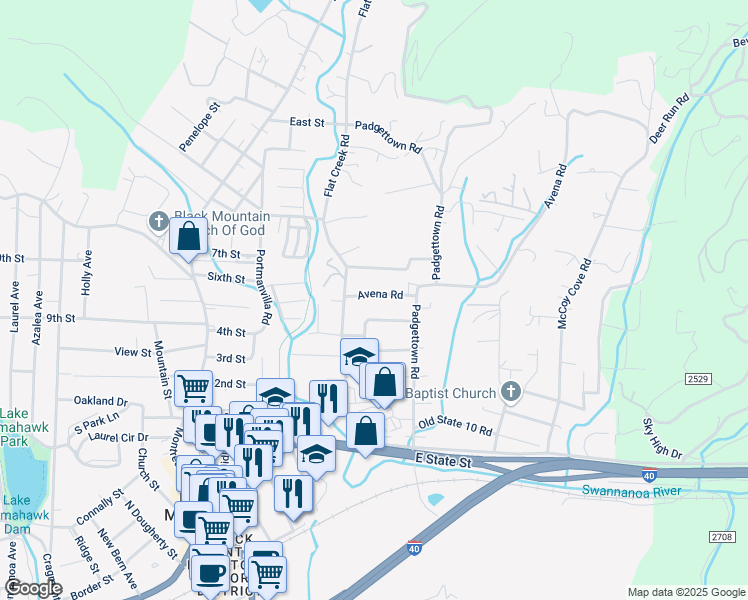 map of restaurants, bars, coffee shops, grocery stores, and more near 244 Avena Road in Black Mountain