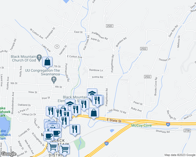 map of restaurants, bars, coffee shops, grocery stores, and more near 250 Avena Road in Black Mountain