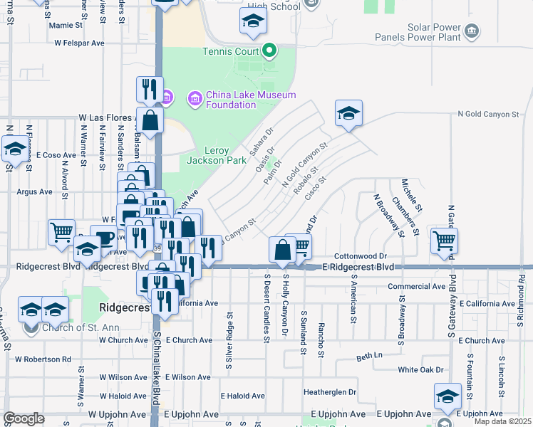map of restaurants, bars, coffee shops, grocery stores, and more near 246 North Gold Canyon Street in Ridgecrest