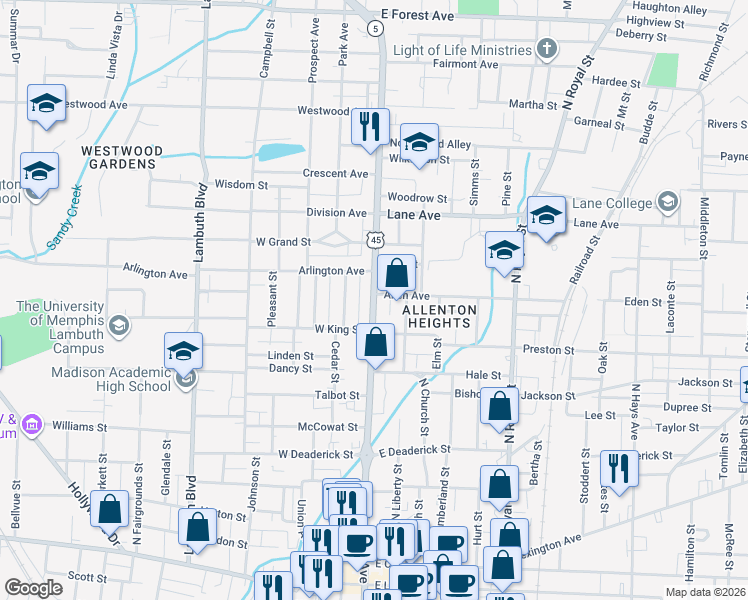 map of restaurants, bars, coffee shops, grocery stores, and more near 528 North Highland Avenue in Jackson