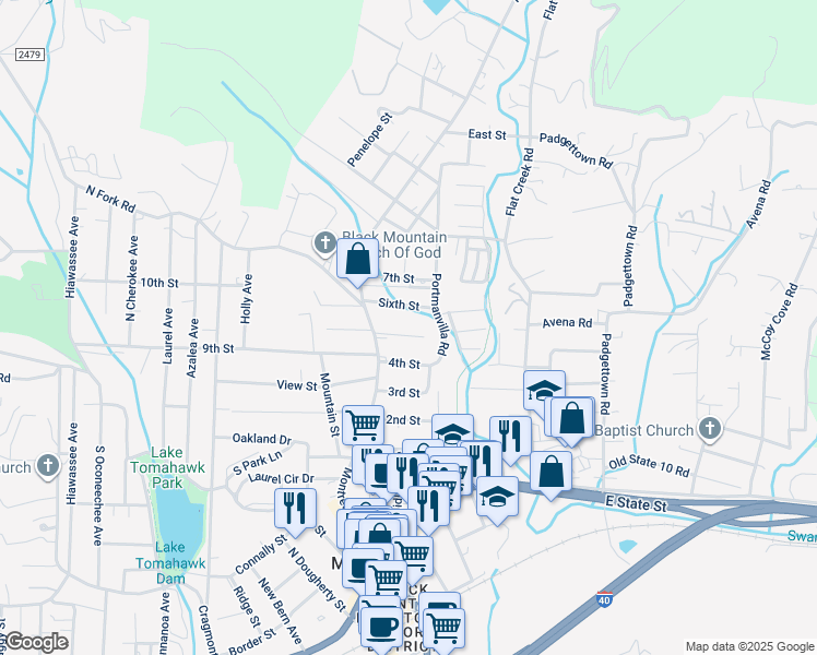map of restaurants, bars, coffee shops, grocery stores, and more near 111 5th Street in Black Mountain