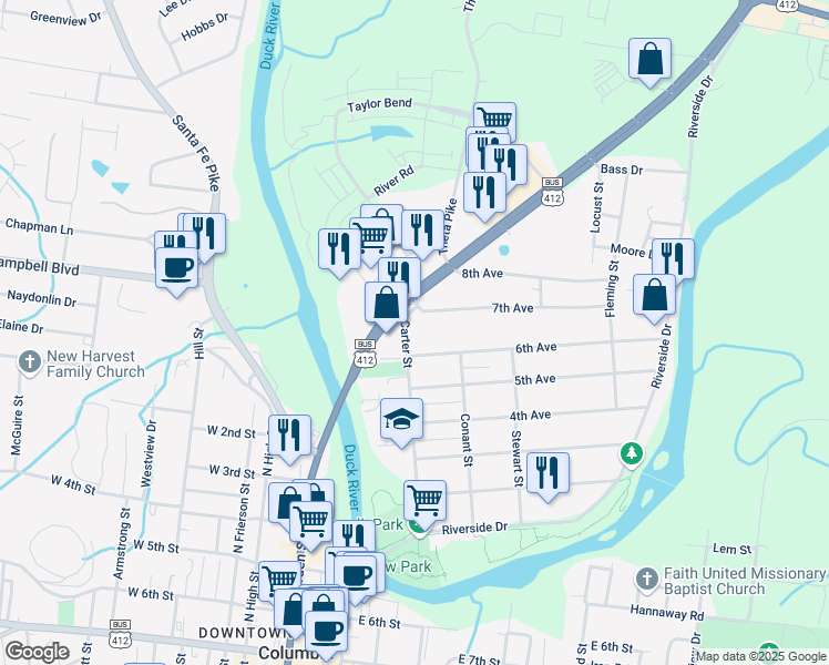 map of restaurants, bars, coffee shops, grocery stores, and more near 109 6th Avenue in Columbia