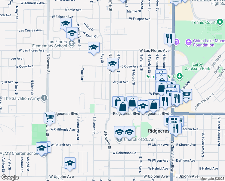map of restaurants, bars, coffee shops, grocery stores, and more near 240 North Norma Street in Ridgecrest