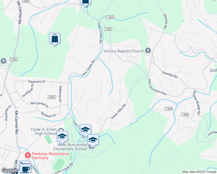map of restaurants, bars, coffee shops, grocery stores, and more near 148 South Willow Brook Drive in Asheville