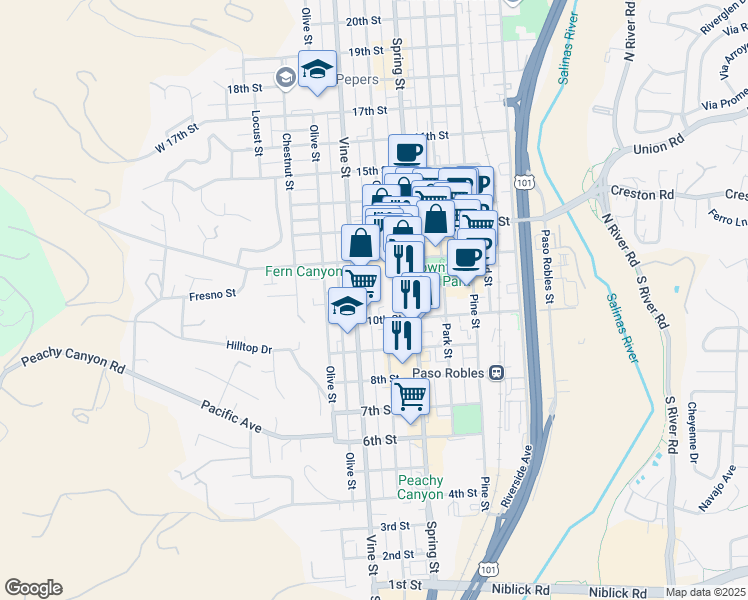 map of restaurants, bars, coffee shops, grocery stores, and more near 529 10th Street in Paso Robles