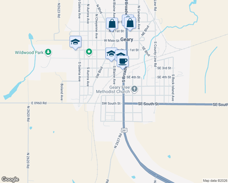 map of restaurants, bars, coffee shops, grocery stores, and more near 624 South Blaine Avenue in Geary