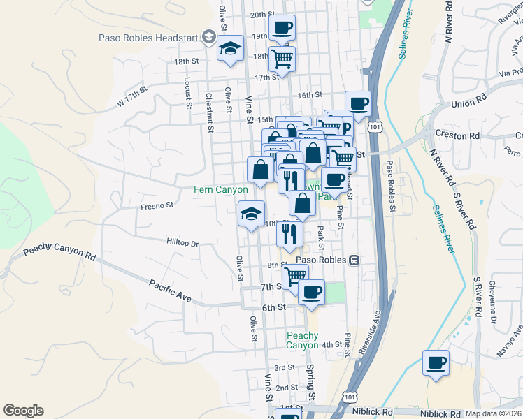 map of restaurants, bars, coffee shops, grocery stores, and more near 1036 Vine Street in Paso Robles