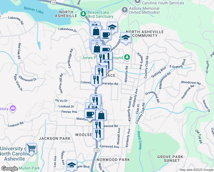 map of restaurants, bars, coffee shops, grocery stores, and more near 789 U.S. 25 in Asheville