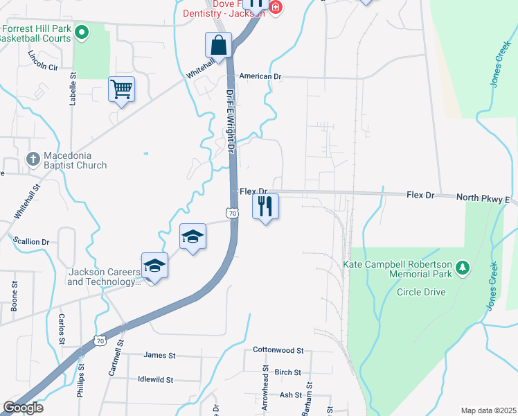 map of restaurants, bars, coffee shops, grocery stores, and more near 1306 US Highway 70 Bypass in Jackson