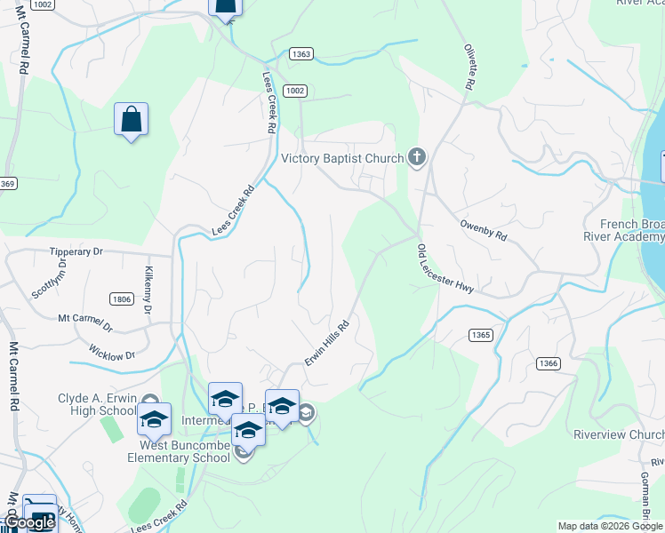 map of restaurants, bars, coffee shops, grocery stores, and more near 36 North Willow Brook Drive in Asheville