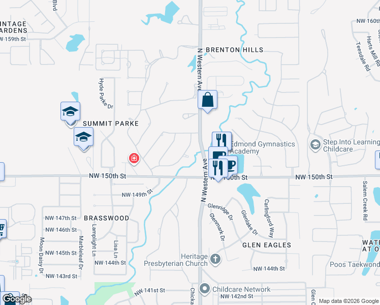 map of restaurants, bars, coffee shops, grocery stores, and more near 15300 Stoney Spring Road in Edmond