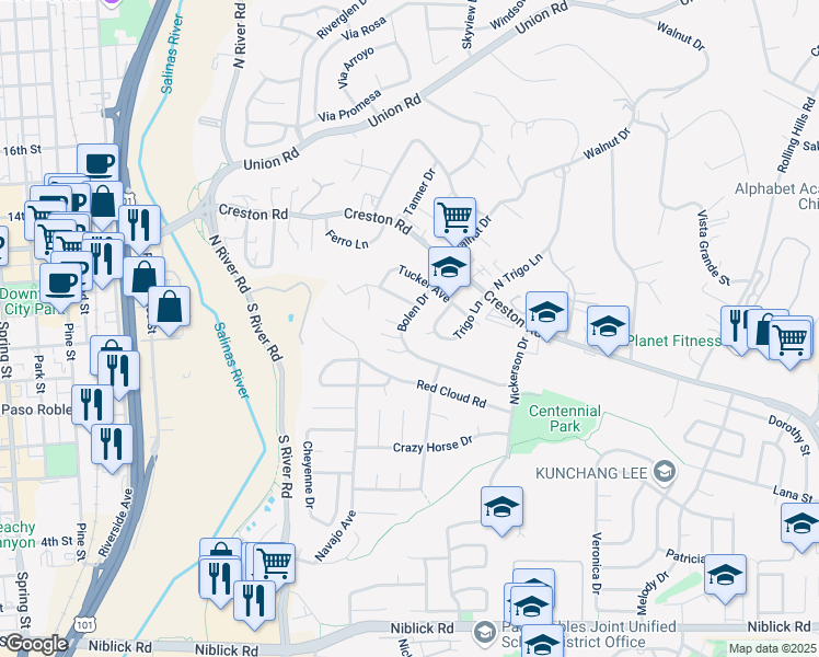 map of restaurants, bars, coffee shops, grocery stores, and more near 620 Bolen Drive in Paso Robles