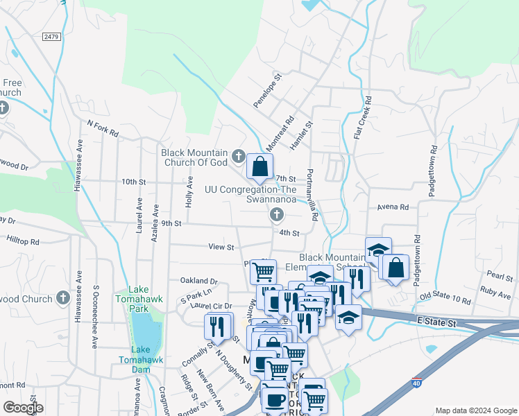 map of restaurants, bars, coffee shops, grocery stores, and more near 102 Beech Street in Black Mountain