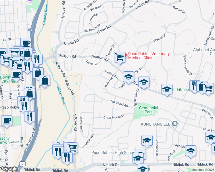 map of restaurants, bars, coffee shops, grocery stores, and more near 620 Bolen Drive in Paso Robles