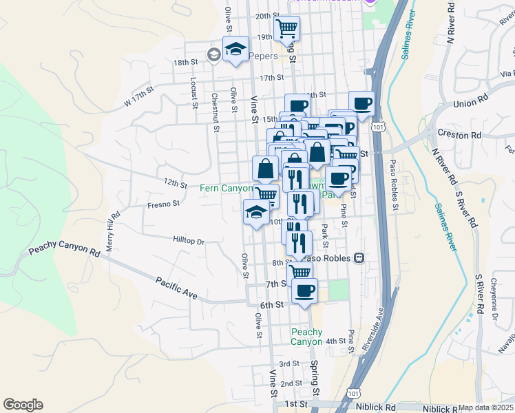 map of restaurants, bars, coffee shops, grocery stores, and more near 1045 Vine Street in Paso Robles