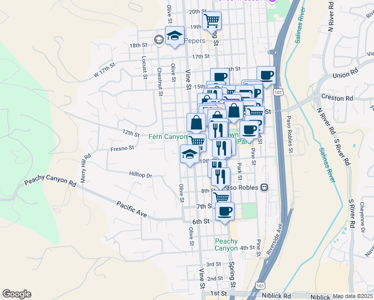 map of restaurants, bars, coffee shops, grocery stores, and more near 426 11th Street in Paso Robles