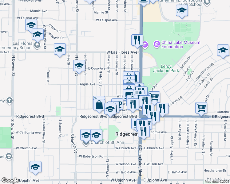 map of restaurants, bars, coffee shops, grocery stores, and more near 225 North Fairview Street in Ridgecrest
